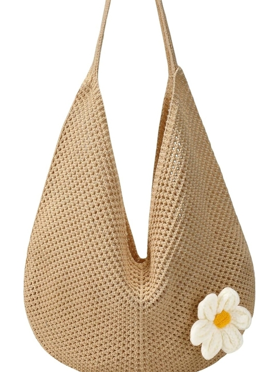 Handbags - Beige Crochet Daisy-Accent Shoulder Bag